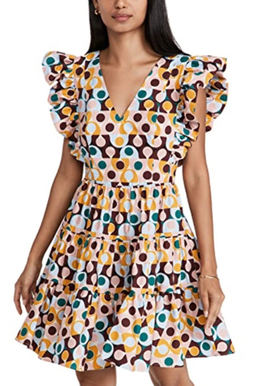 LA DOUBLEJ Honeybun Cotton Poplin Mini Ruffle Flare Resort Dress Gumball Print M